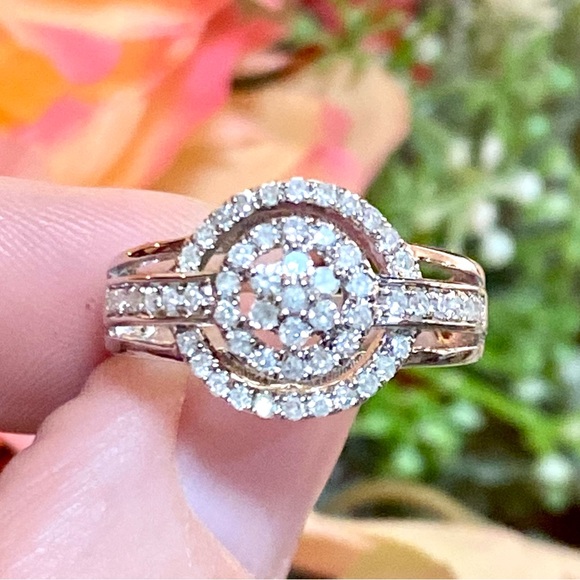 Genuine 1 Carat Diamond Flower Cluster Double Halo Ring ~ Triple Band Ring - Picture 2 of 15